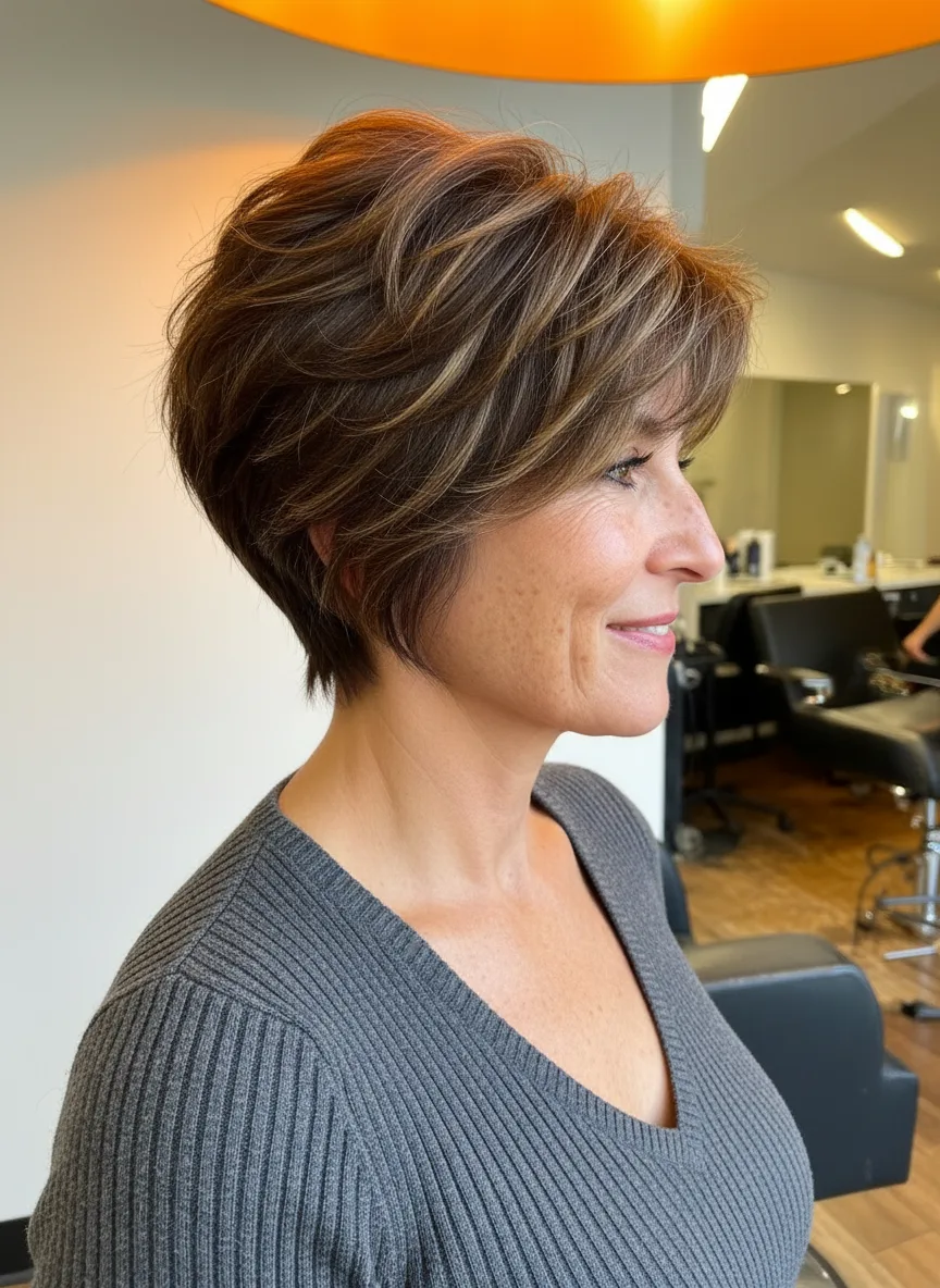 Layered Wavy Pixie with Warm Caramel Brown and Honey Highlights